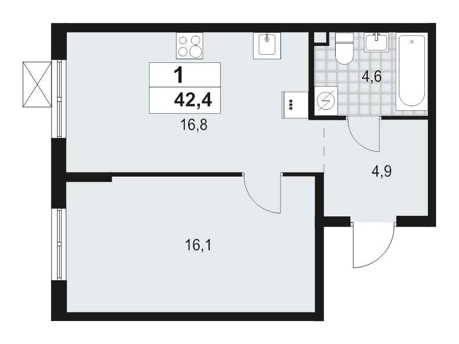 2-комнатная (Евро) квартира, 42.4 м² в ЖК "А101 Всеволожск" - планировка, фото №1