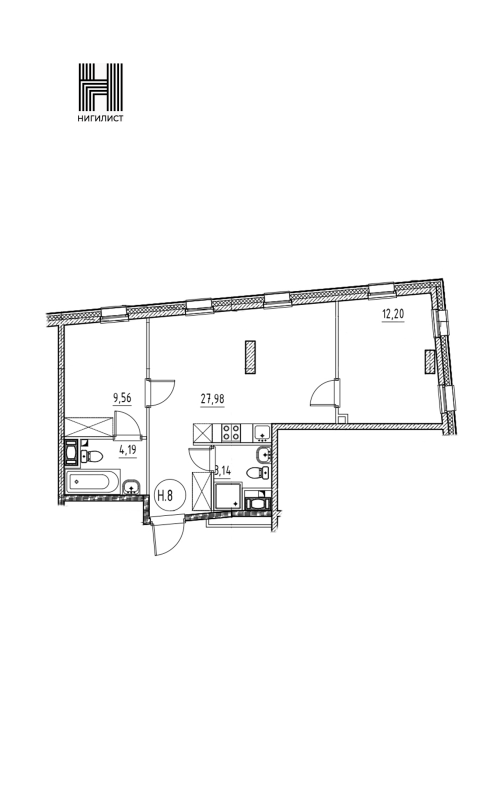 3-комнатная (Евро) квартира, 57.07 м² в ЖК "Nigilist" - планировка, фото №1