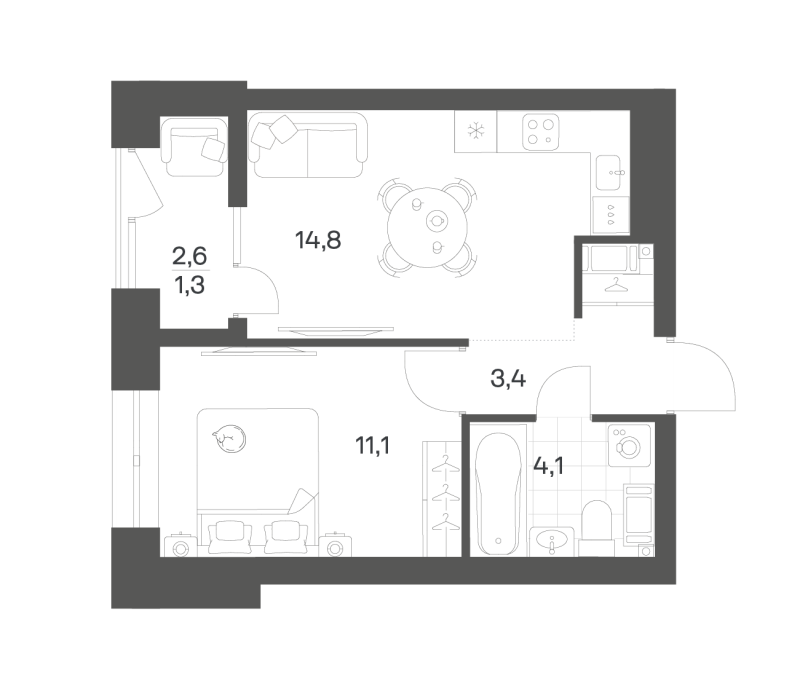 1-комнатная квартира, 34.66 м² в ЖК "Новый Питер" - планировка, фото №1