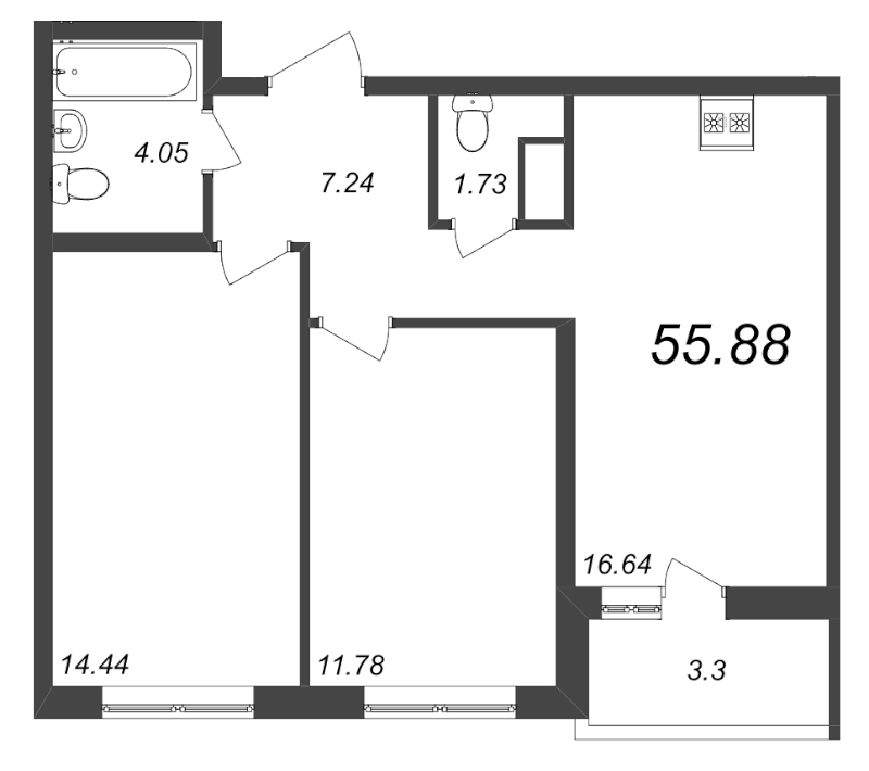 3-комнатная (Евро) квартира, 55.88 м² - планировка, фото №1