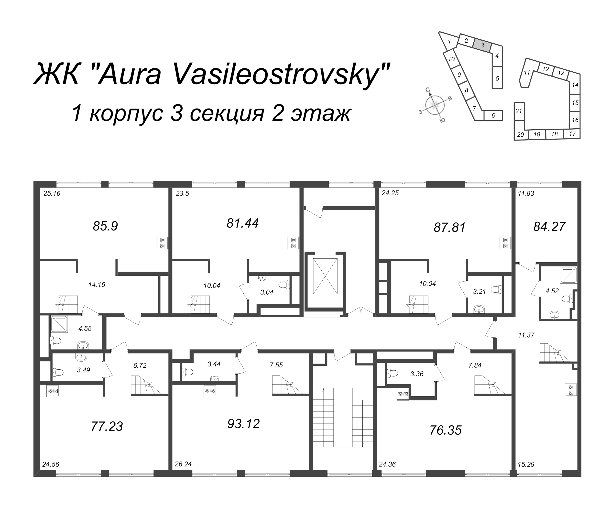 3-комнатная (Евро) квартира, 77.23 м² в ЖК "GloraX Premium Василеостровский" - планировка этажа