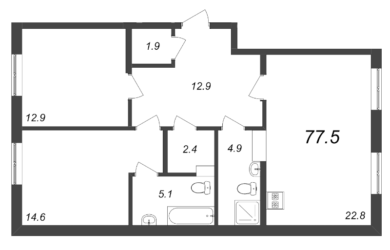 2-комнатная квартира, 77.5 м² в ЖК "Domino Premium" - планировка, фото №1