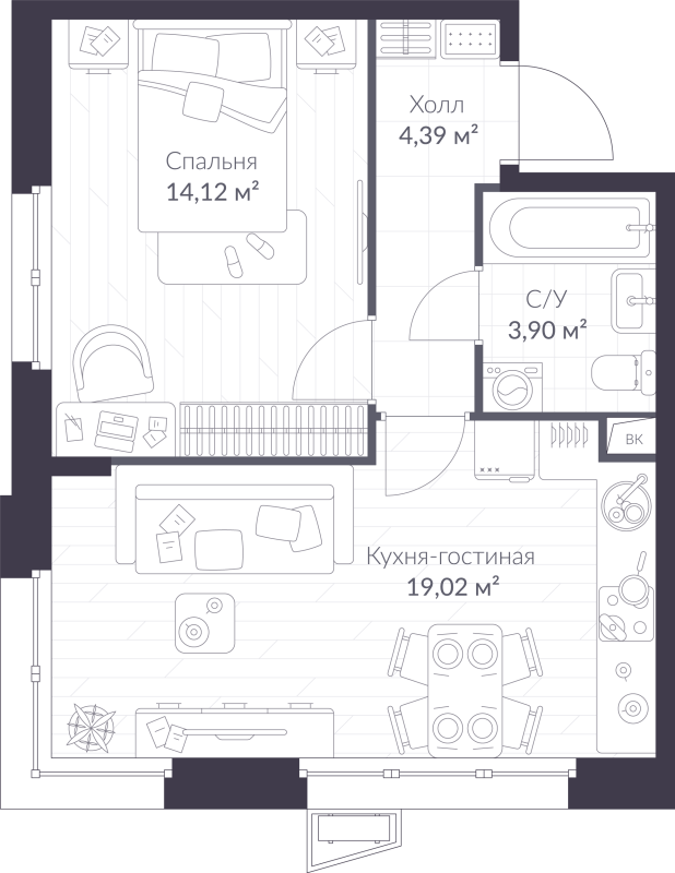 2-комнатная (Евро) квартира, 41.43 м² - планировка, фото №1