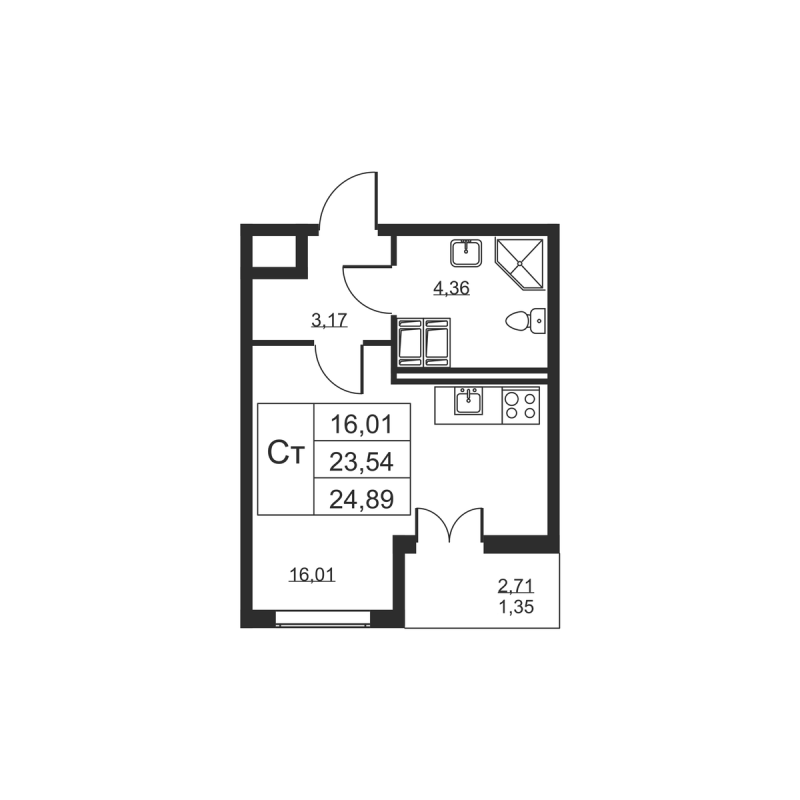 Квартира-студия, 24.89 м² - планировка, фото №1