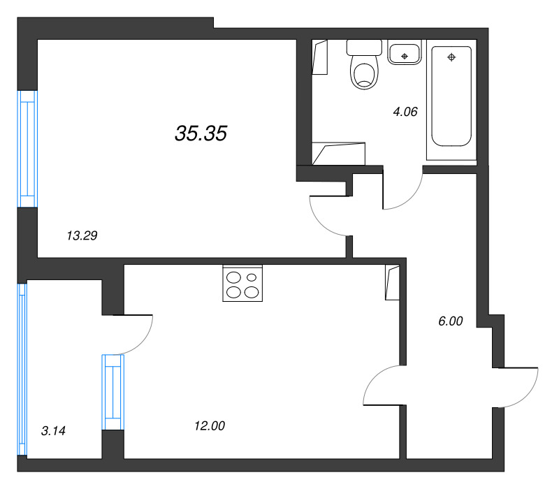 1-комнатная квартира, 35.35 м² в ЖК "Любоград" - планировка, фото №1
