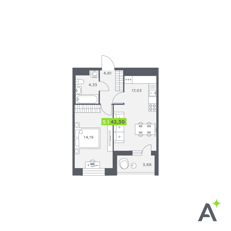 2-комнатная (Евро) квартира, 42.17 м² в ЖК "Аквилон Verba" - планировка, фото №1