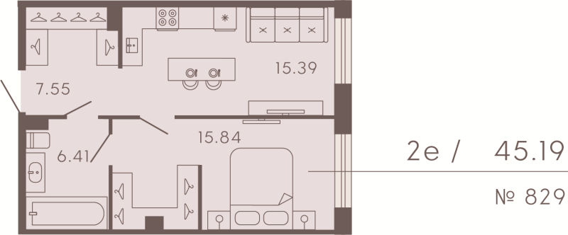 2-комнатная (Евро) квартира, 45.19 м² в ЖК "17/33 Петровский остров" - планировка, фото №1