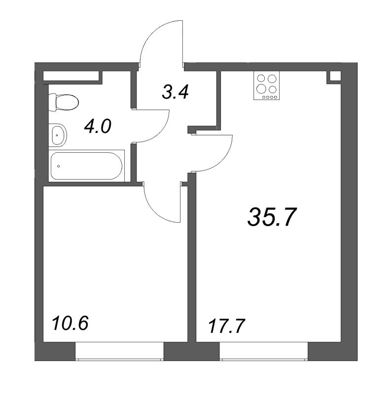 2-комнатная (Евро) квартира, 35.7 м² в ЖК "Пулково Лейк" - планировка, фото №1