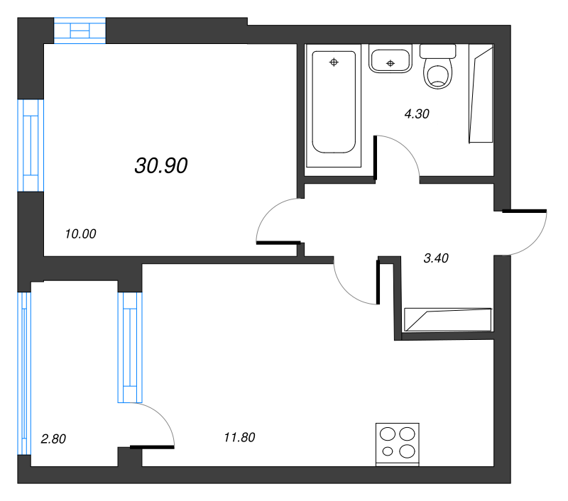 2-комнатная (Евро) квартира, 30.9 м² - планировка, фото №1