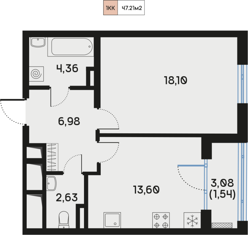 1-комнатная квартира, 47.21 м² - планировка, фото №1