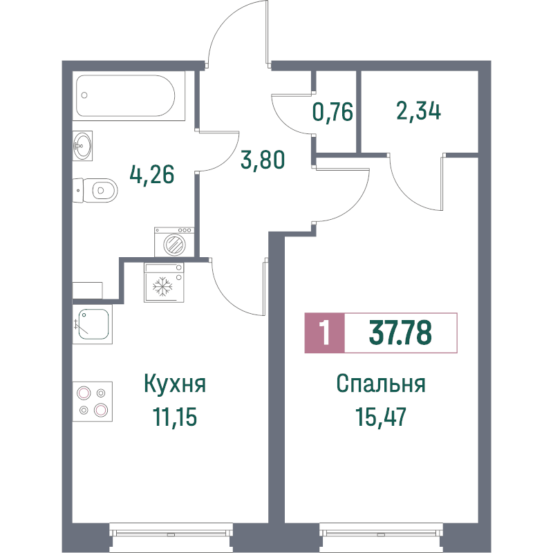 1-комнатная квартира, 37.78 м² - планировка, фото №1