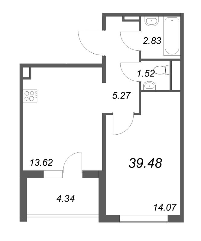 1-комнатная квартира, 39.48 м² - планировка, фото №1