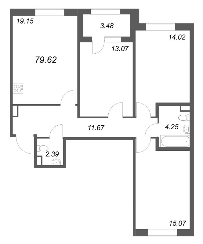 4-комнатная (Евро) квартира, 79.62 м² в ЖК "Дубровский" - планировка, фото №1