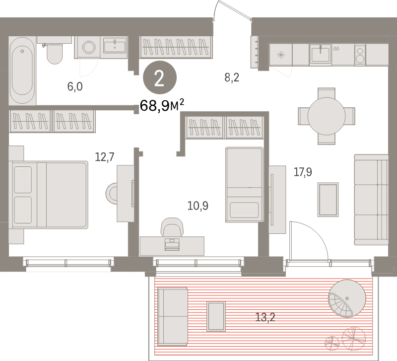 3-комнатная (Евро) квартира, 68.9 м² в ЖК "Брусника в Новоселье" - планировка, фото №1