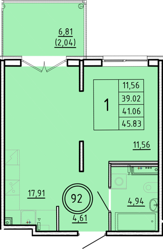 2-комнатная (Евро) квартира, 39.02 м² - планировка, фото №1