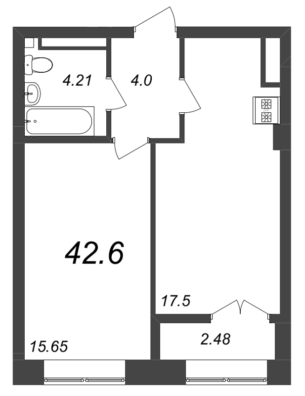 2-комнатная (Евро) квартира, 42.3 м² в ЖК "Neva Residence" - планировка, фото №1