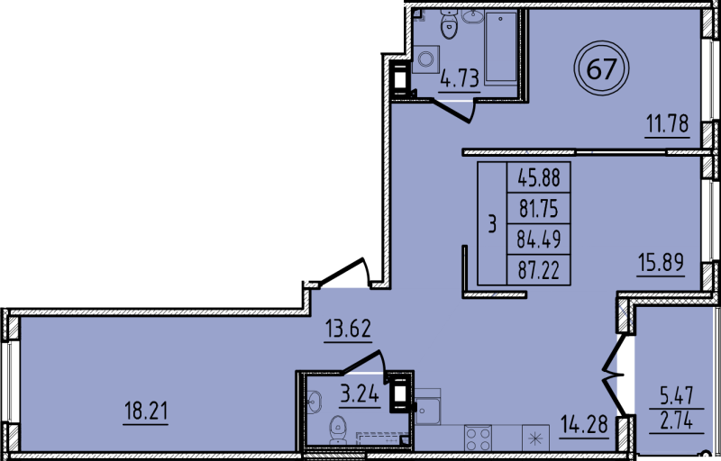 3-комнатная квартира, 81.75 м² - планировка, фото №1