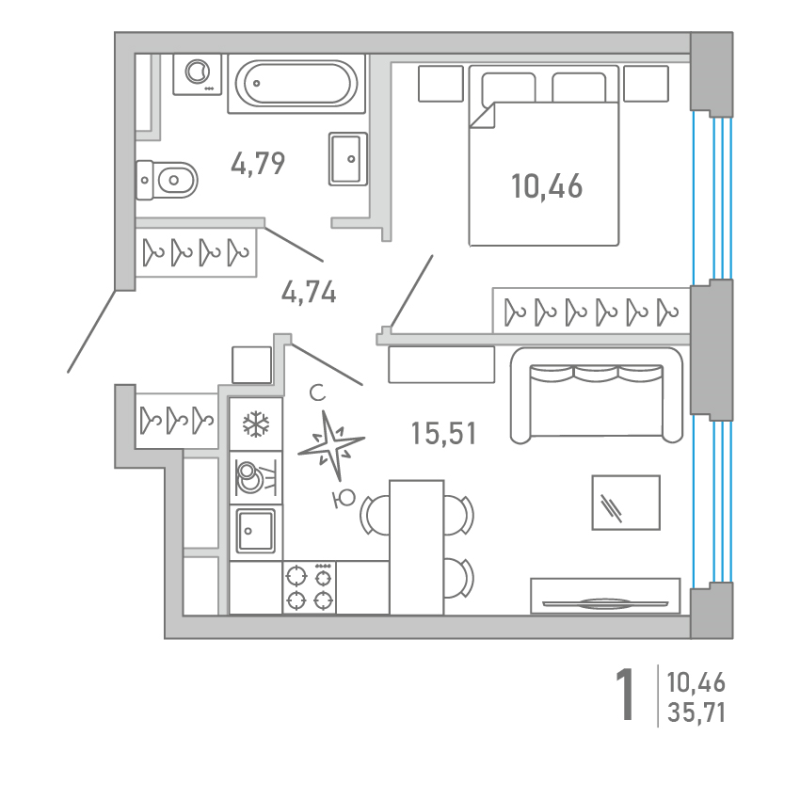 2-комнатная (Евро) квартира, 35.17 м² - планировка, фото №1