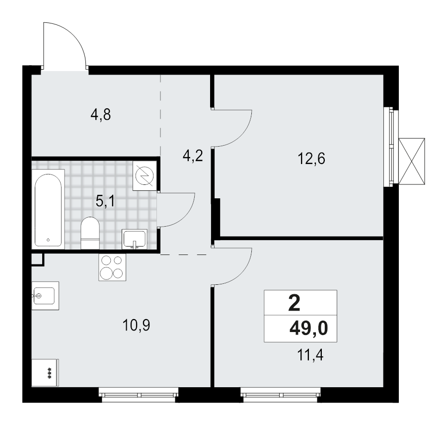 2-комнатная квартира, 49 м² - планировка, фото №1
