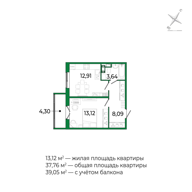 1-комнатная квартира, 37.4 м² в ЖК "Сертолово Парк" - планировка, фото №1