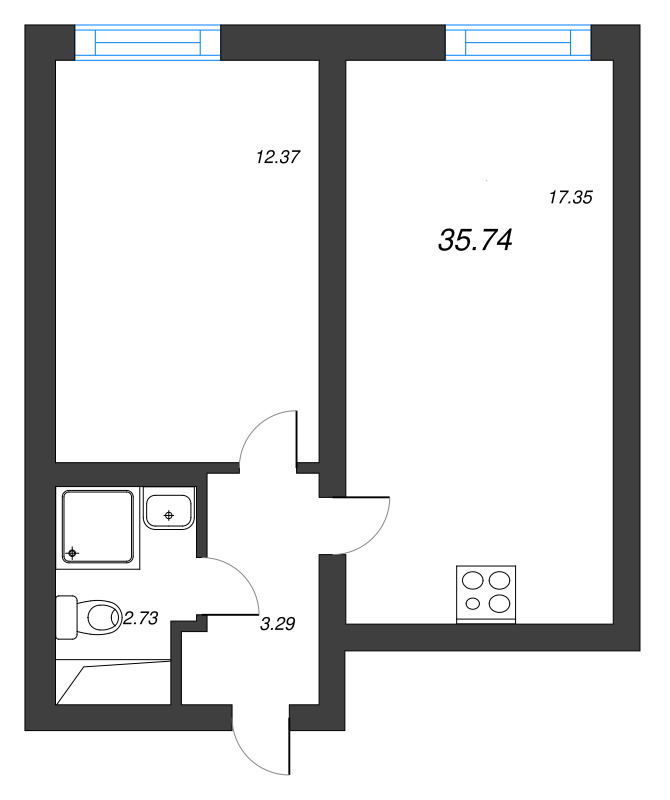 2-комнатная (Евро) квартира, 35.74 м² в ЖК "Морская миля" - планировка, фото №1