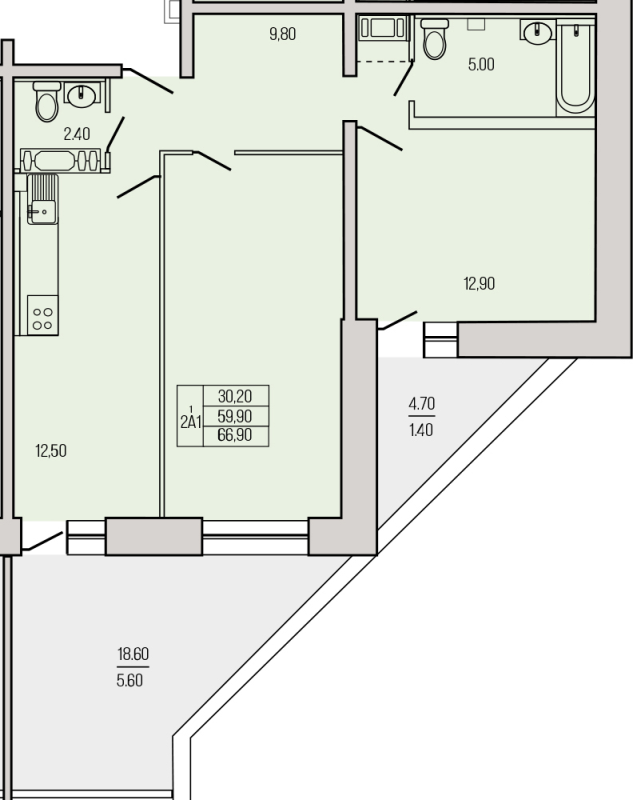 2-комнатная квартира, 65.79 м² в ЖК "Экос" - планировка, фото №1