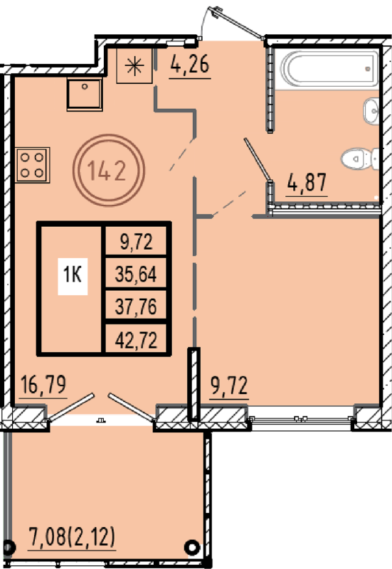 2-комнатная (Евро) квартира, 35.64 м² в ЖК "Образцовый квартал 9.1" - планировка, фото №1