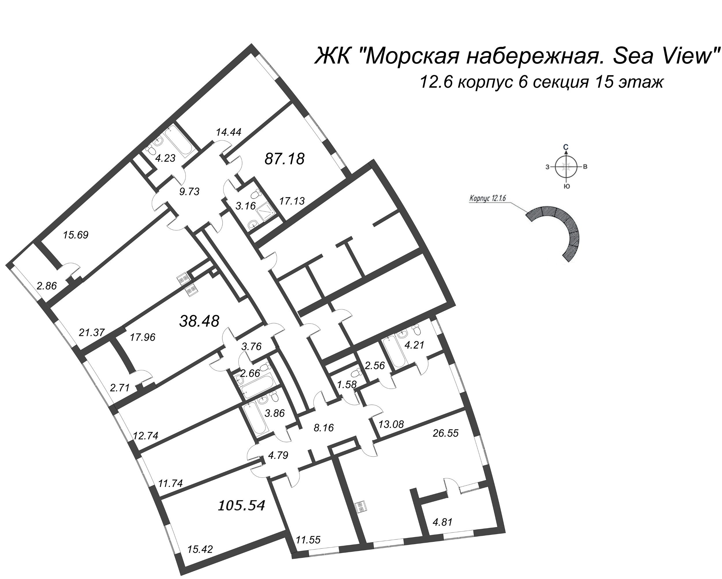 4-комнатная (Евро) квартира, 105.54 м² - планировка этажа