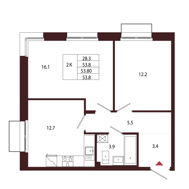 2-комнатная квартира, 53.8 м² - планировка, фото №1