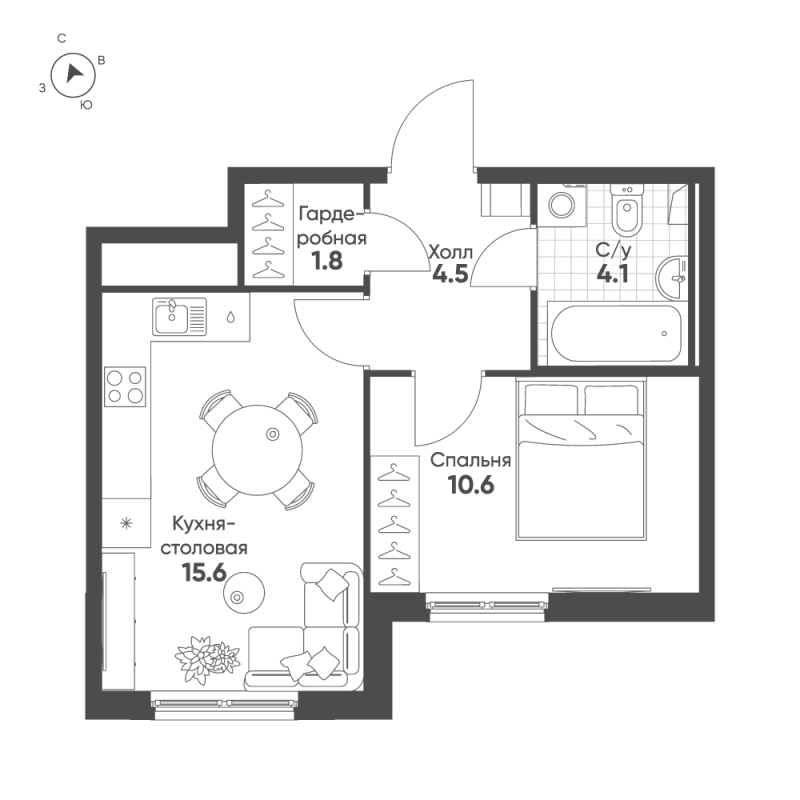 2-комнатная (Евро) квартира, 36.6 м² в ЖК "Клюква.Парк" - планировка, фото №1