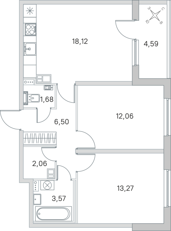 3-комнатная (Евро) квартира, 57.26 м² в ЖК "Любоград" - планировка, фото №1