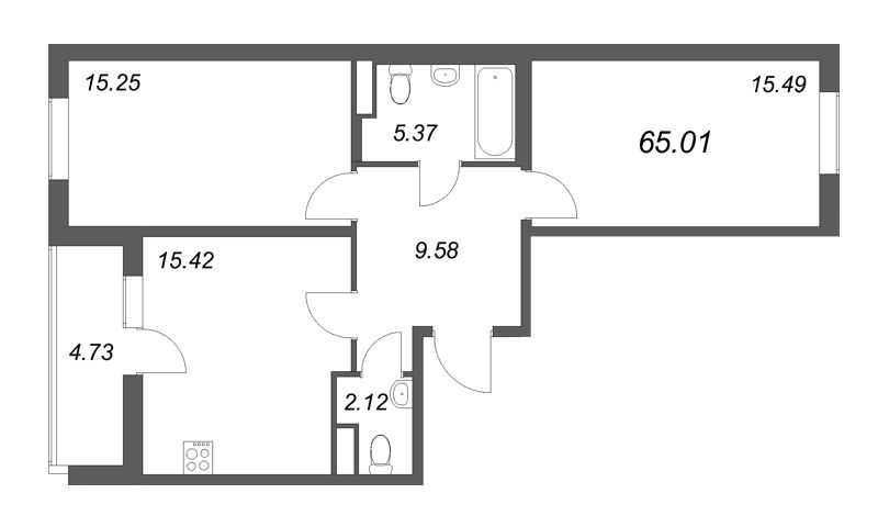 3-комнатная (Евро) квартира, 65.01 м² в ЖК "Новая история" - планировка, фото №1