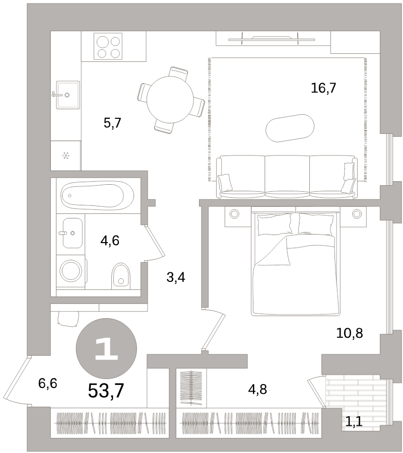 2-комнатная (Евро) квартира, 53.7 м² в ЖК "Северный ветер" - планировка, фото №1