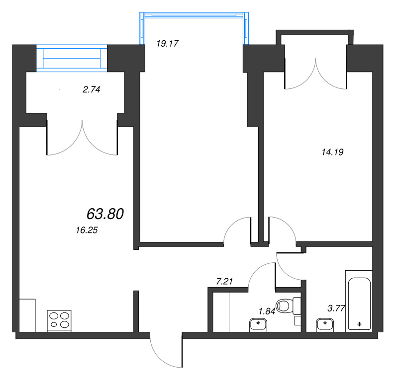 3-комнатная (Евро) квартира, 63.8 м² в ЖК "Наука" - планировка, фото №1