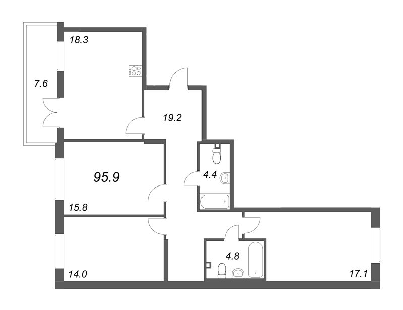 4-комнатная (Евро) квартира, 95.9 м² - планировка, фото №1
