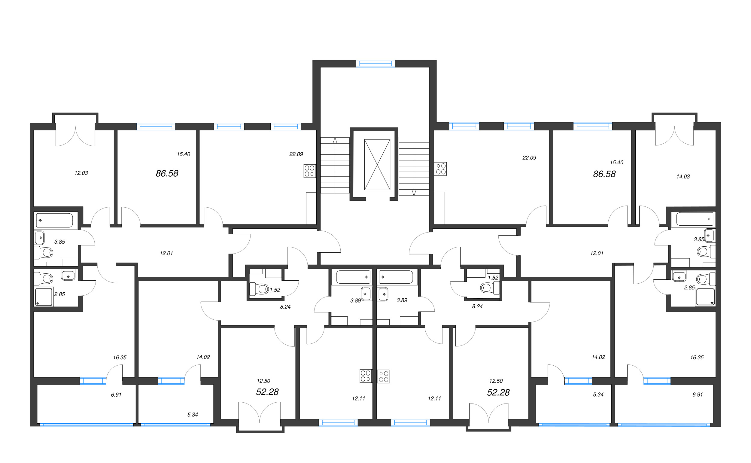 2-комнатная квартира, 52.28 м² - планировка этажа