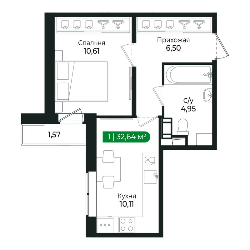 1-комнатная квартира, 31.9 м² в ЖК "Сертолово Парк" - планировка, фото №1