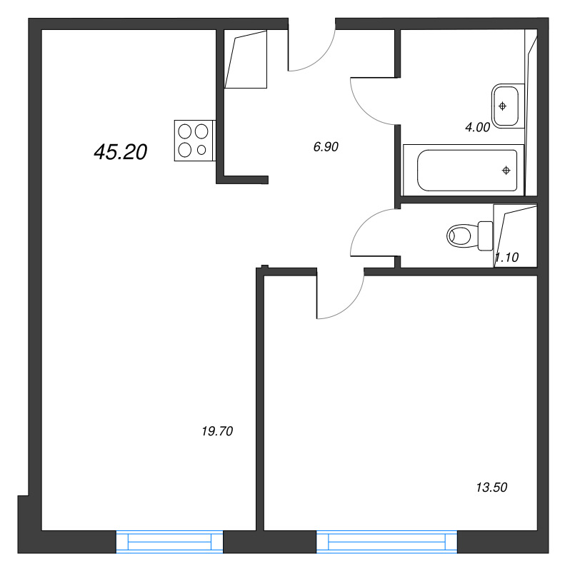 2-комнатная (Евро) квартира, 45.2 м² в ЖК "Руднева 15" - планировка, фото №1