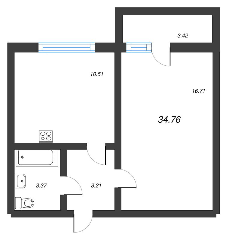 1-комнатная квартира, 34.76 м² - планировка, фото №1