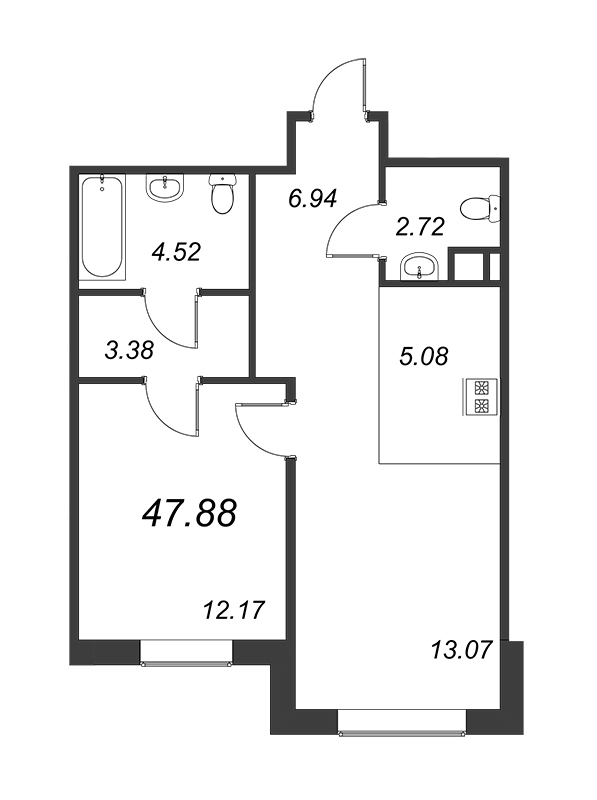 2-комнатная (Евро) квартира, 47.88 м² - планировка, фото №1