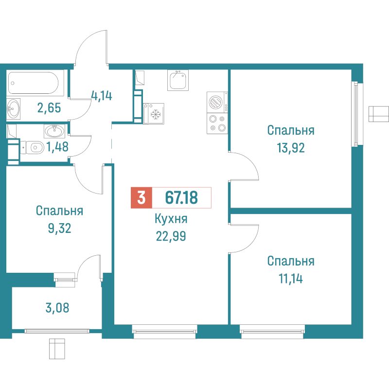 4-комнатная (Евро) квартира, 67.18 м² - планировка, фото №1