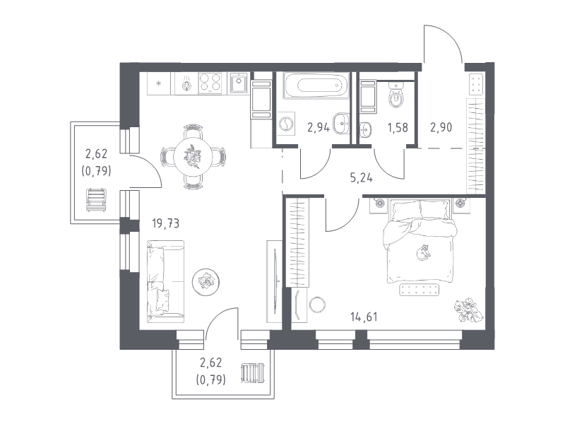 2-комнатная (Евро) квартира, 48.58 м² в ЖК "Новое Колпино" - планировка, фото №1
