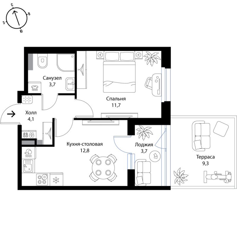 1-комнатная квартира, 37 м² - планировка, фото №1