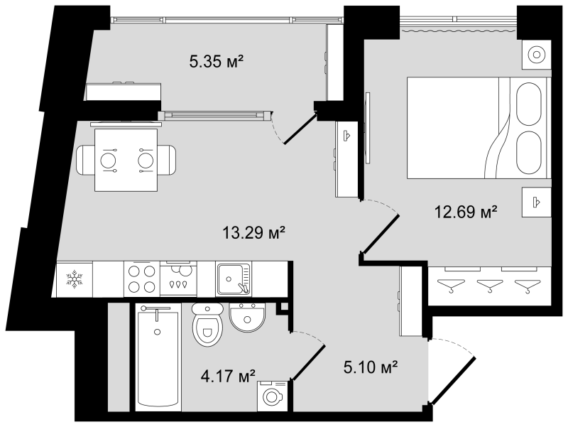 1-комнатная квартира, 37.93 м² в ЖК "Новгородская 8" - планировка, фото №1