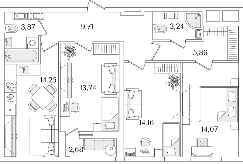 3-комнатная квартира, 80.24 м² - планировка, фото №1
