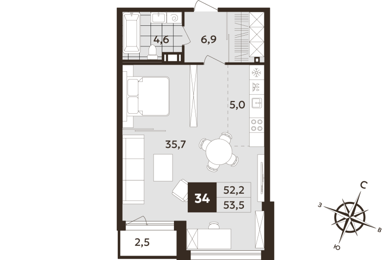 Квартира-студия, 52.2 м² в ЖК "Дом на Бронницкой" - планировка, фото №1