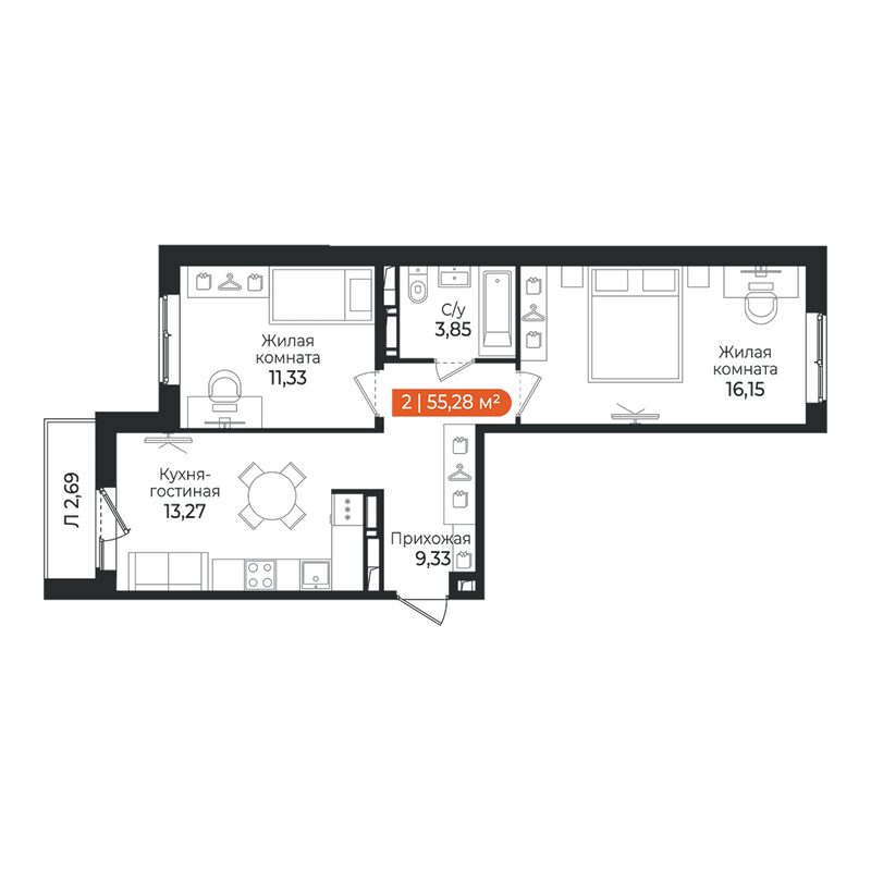 2-комнатная квартира, 55.28 м² в ЖК "Алгоритм Квинта" - планировка, фото №1