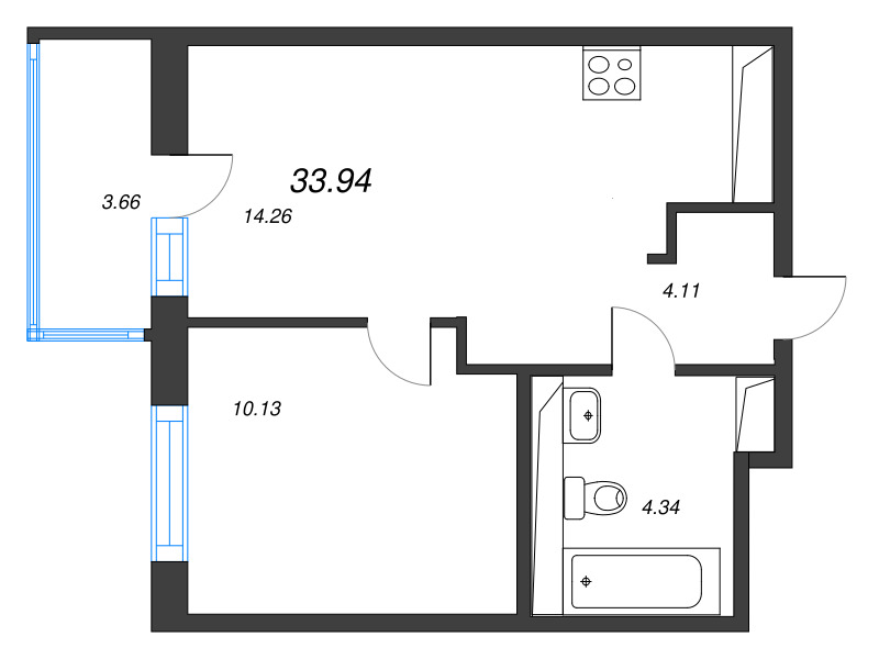 1-комнатная квартира, 33.94 м² в ЖК "Окла" - планировка, фото №1