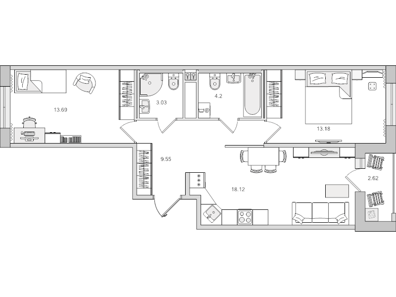 3-комнатная (Евро) квартира, 64.39 м² в ЖК "Город Первых" - планировка, фото №1