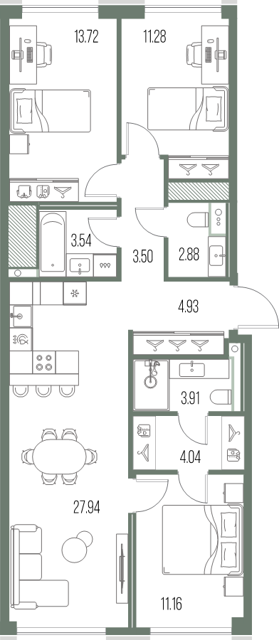 4-комнатная (Евро) квартира, 86.9 м² в ЖК "Легенда у моря" - планировка, фото №1